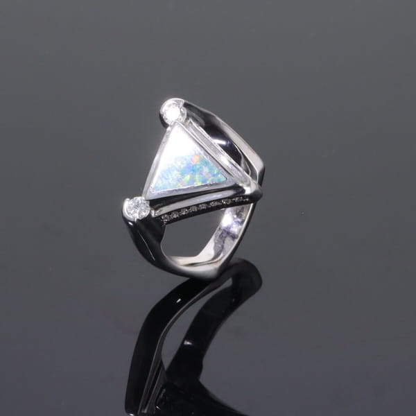 Opal Rings Triangle Inlaid Design with .31ctw Round Diamonds