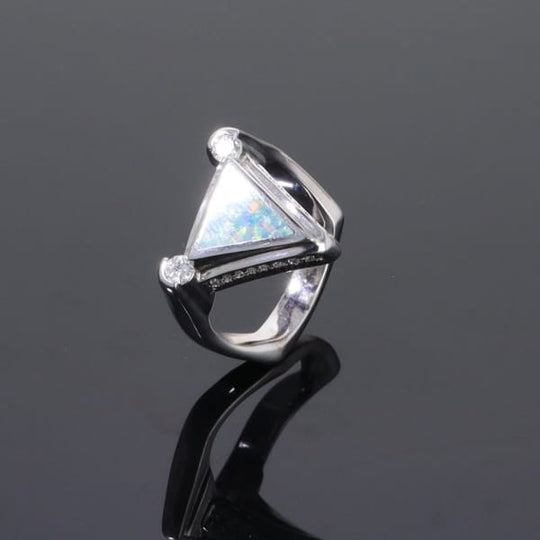 Opal Rings Triangle Inlaid Design with .31ctw Round Diamonds