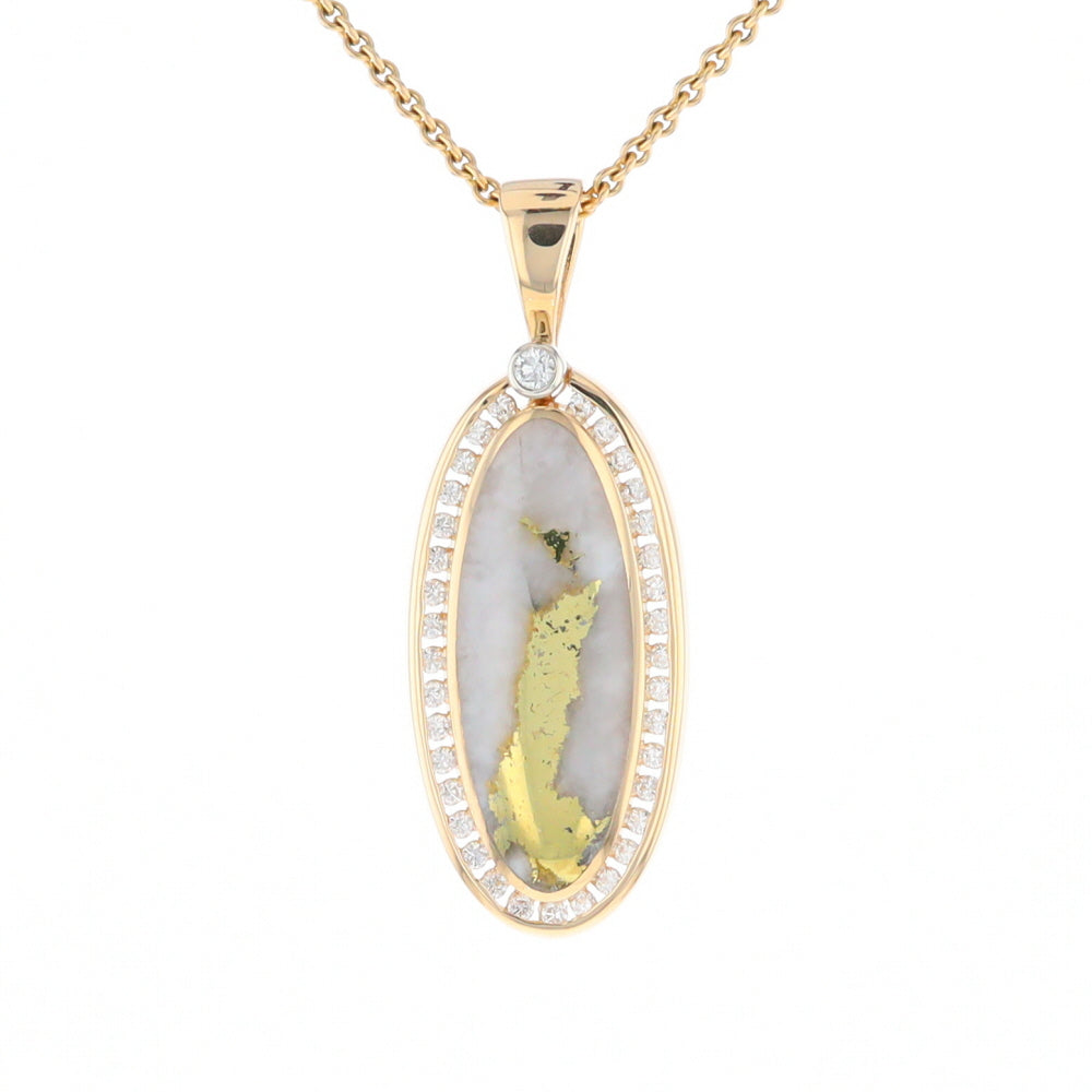 Gold Quartz Necklace .54ctw Halo Diamond Oval Inlaid Pendant