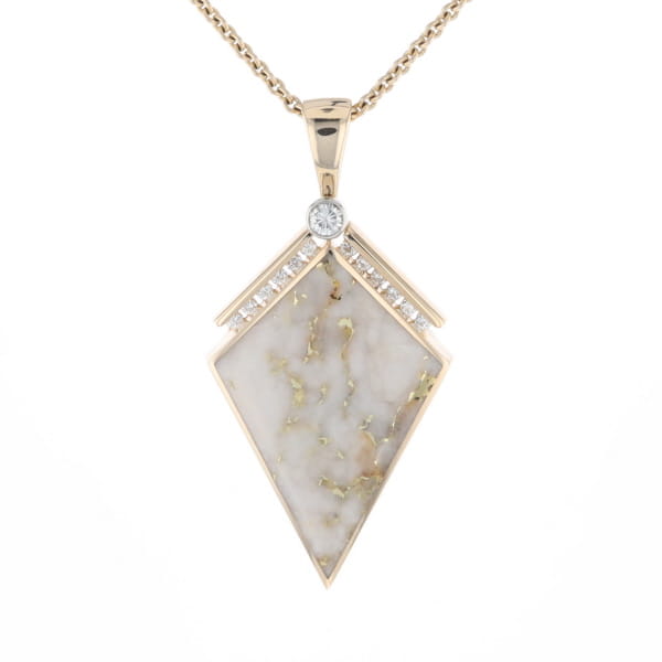 Gold Quartz Necklace Kite Shape Inlaid Pendant with .27ctw Diamonds
