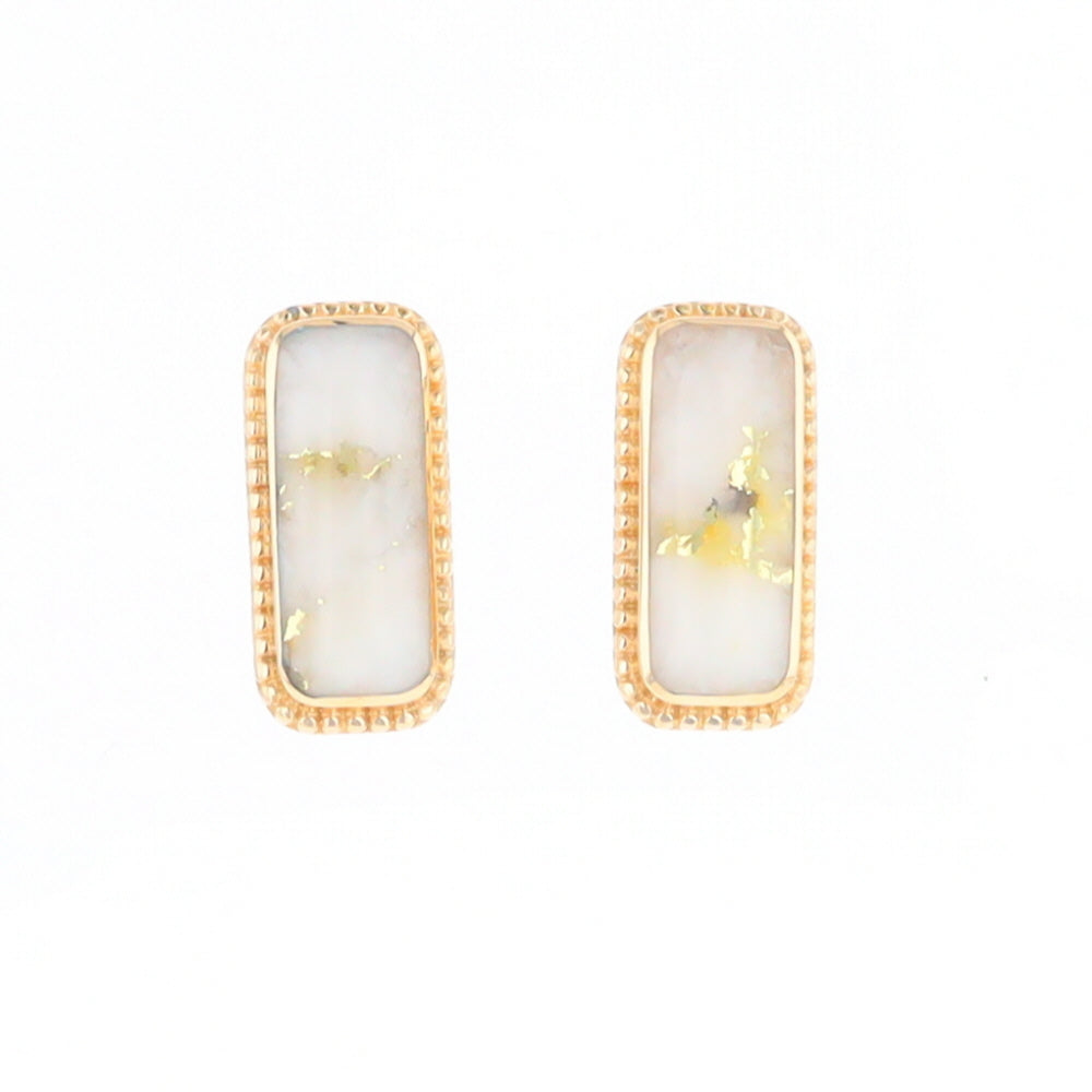 Gold Quartz Earrings Rectangle Inlaid Milgrain Design - G2