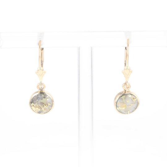 Gold Quartz Earrings Round Inlaid Design Lever Backs