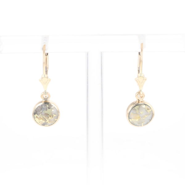 Gold Quartz Earrings Round Inlaid Design Lever Backs