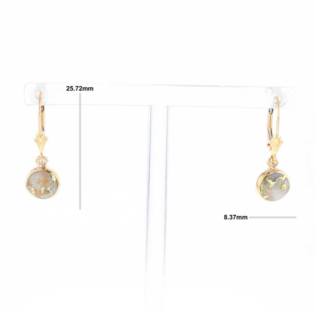 Gold Quartz Earrings Round Inlaid Design Lever Backs