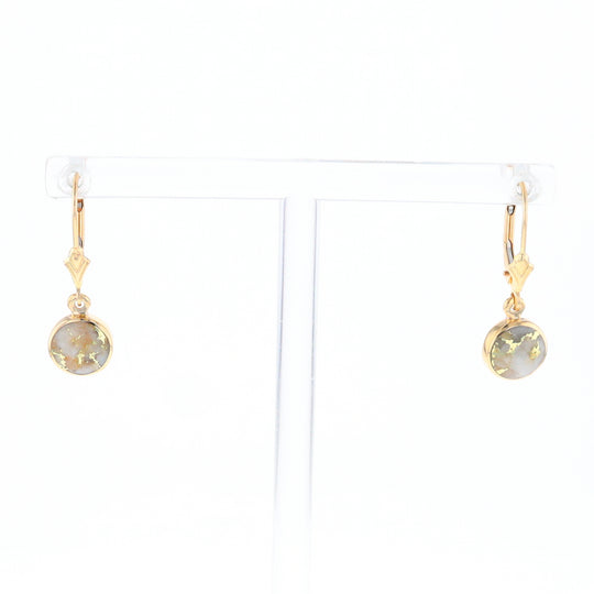 Gold Quartz Earrings Round Inlaid Design Lever Backs