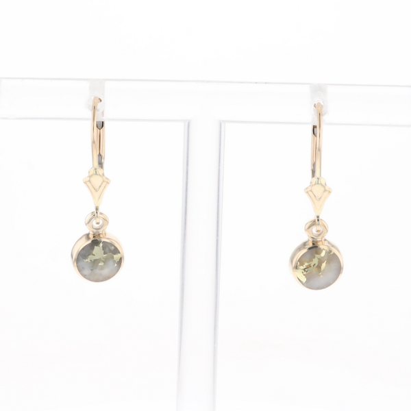 Gold Quartz Earrings Round Inlaid Design Lever Backs