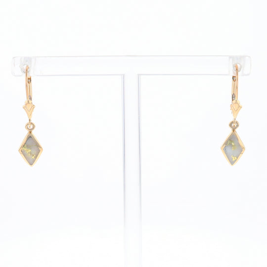 Gold Quartz Earrings Diamond Shape Inlaid Lever Backs G1