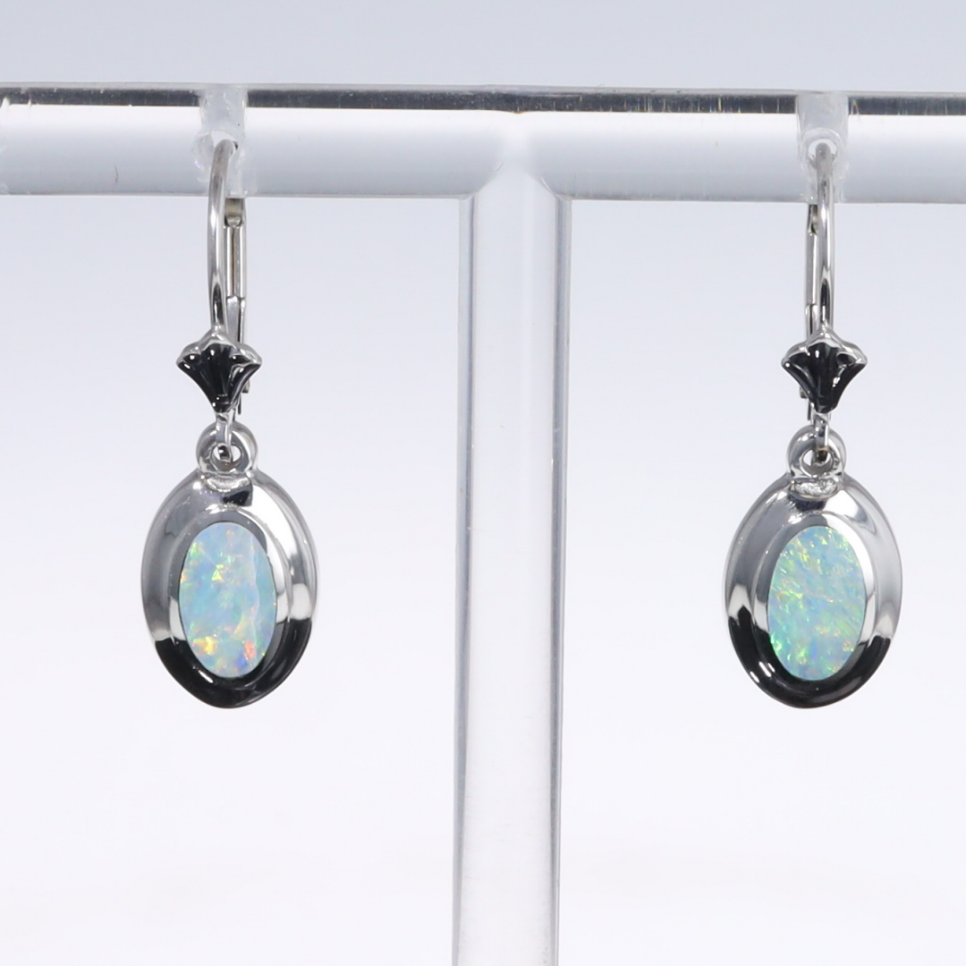 Opal Earrings Oval Inlaid Design Lever Backs