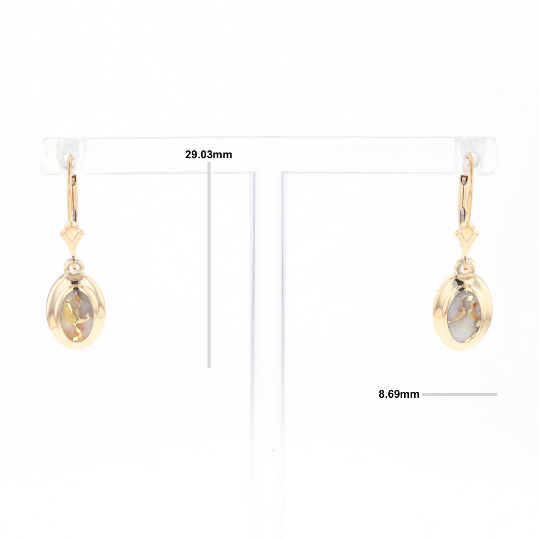 Gold Quartz Earrings Oval Inlaid Design Lever Backs - G2