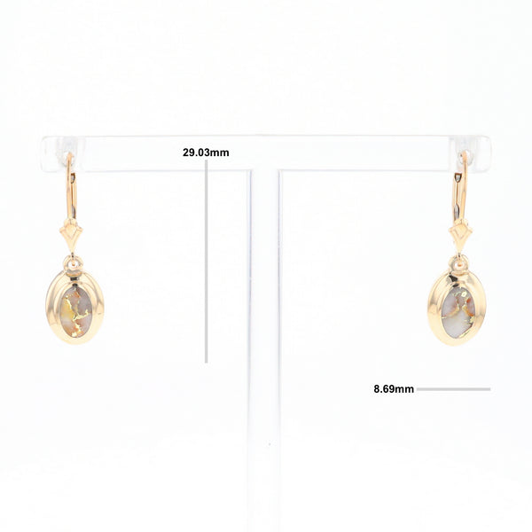 Gold Quartz Earrings Oval Inlaid Design Lever Backs - G2