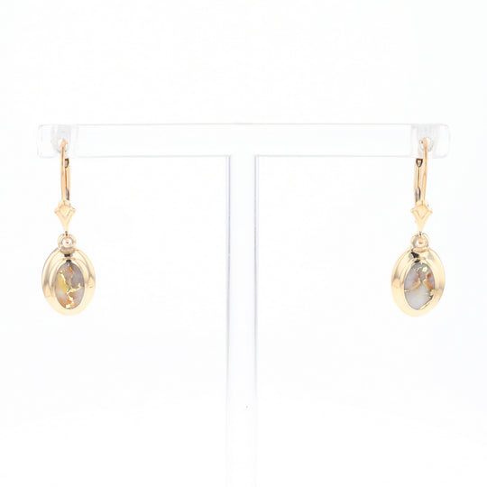 Gold Quartz Earrings Oval Inlaid Design Lever Backs - G2