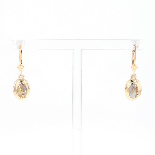 Gold Quartz Earrings Oval Inlaid Design Lever Backs - G2