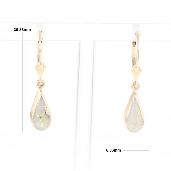 Gold Quartz Earrings Tear Drop Inlaid Lever Backs - G2