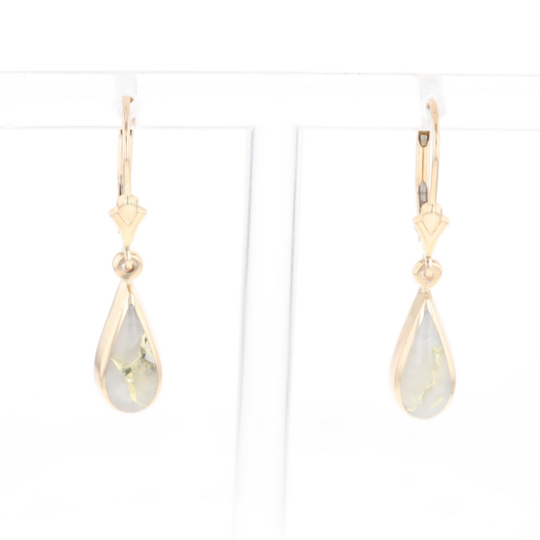 Gold Quartz Earrings Tear Drop Inlaid Lever Backs - G2