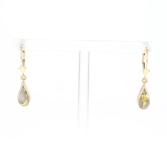 Gold Quartz Earrings Tear Drop Inlaid Lever Backs