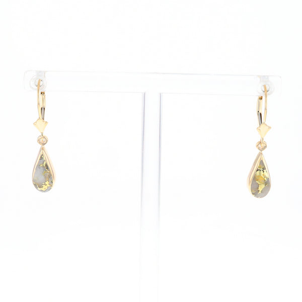 Gold Quartz Earrings Tear Drop Inlaid Lever Backs