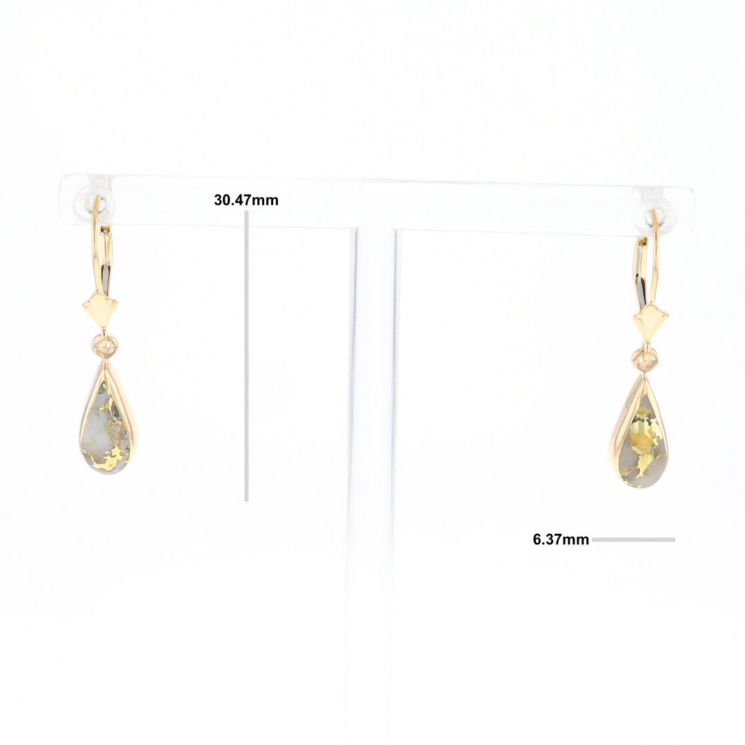 Gold Quartz Earrings Tear Drop Inlaid Lever Backs