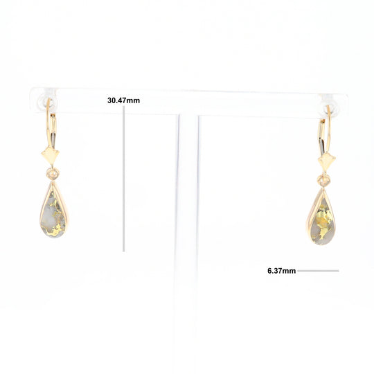 Gold Quartz Earrings Tear Drop Inlaid Lever Backs