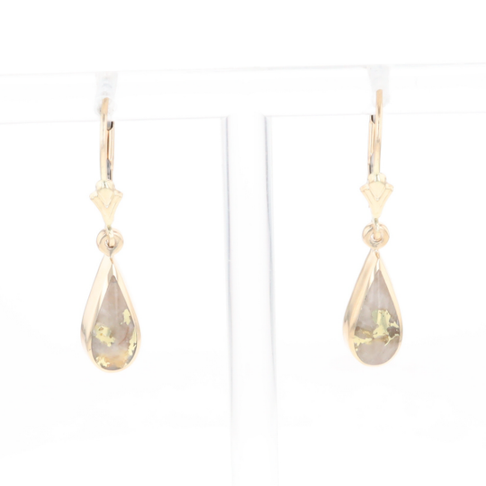 Gold Quartz Earrings Tear Drop Inlaid Lever Backs - G3