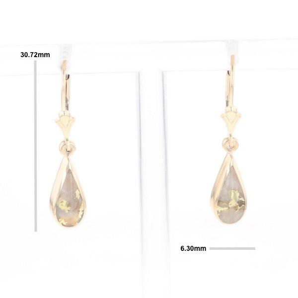 Gold Quartz Earrings Tear Drop Inlaid Lever Backs - G3