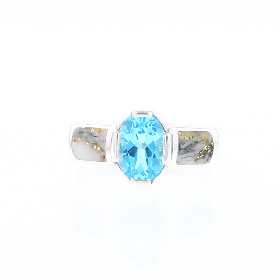 Sterling Silver Gold Quartz Inlaid Oval Blue Topaz Ring - G3