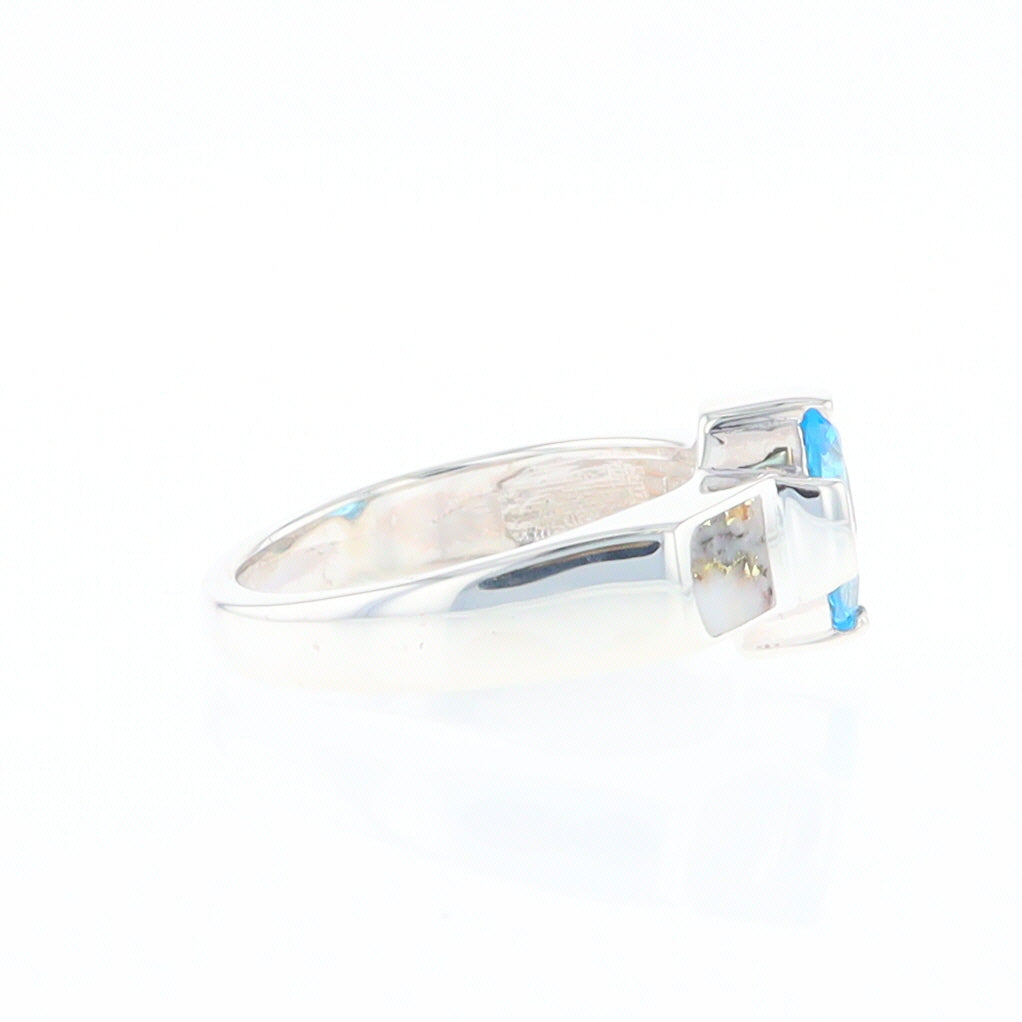 Sterling Silver Gold Quartz Inlaid Oval Blue Topaz Ring - G3