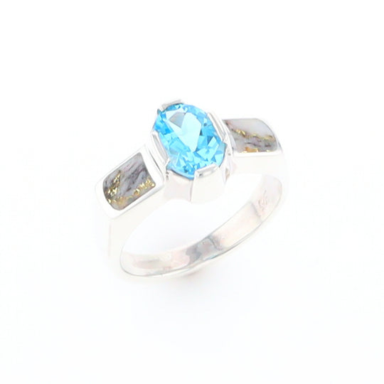 Sterling Silver Gold Quartz Inlaid Oval Blue Topaz Ring - G3