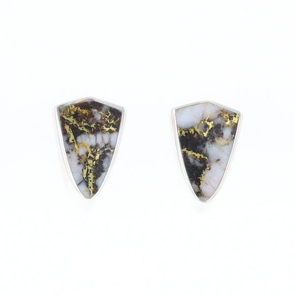 Sterling Silver Gold Quartz Inlaid Shield Stud Earrings - G3