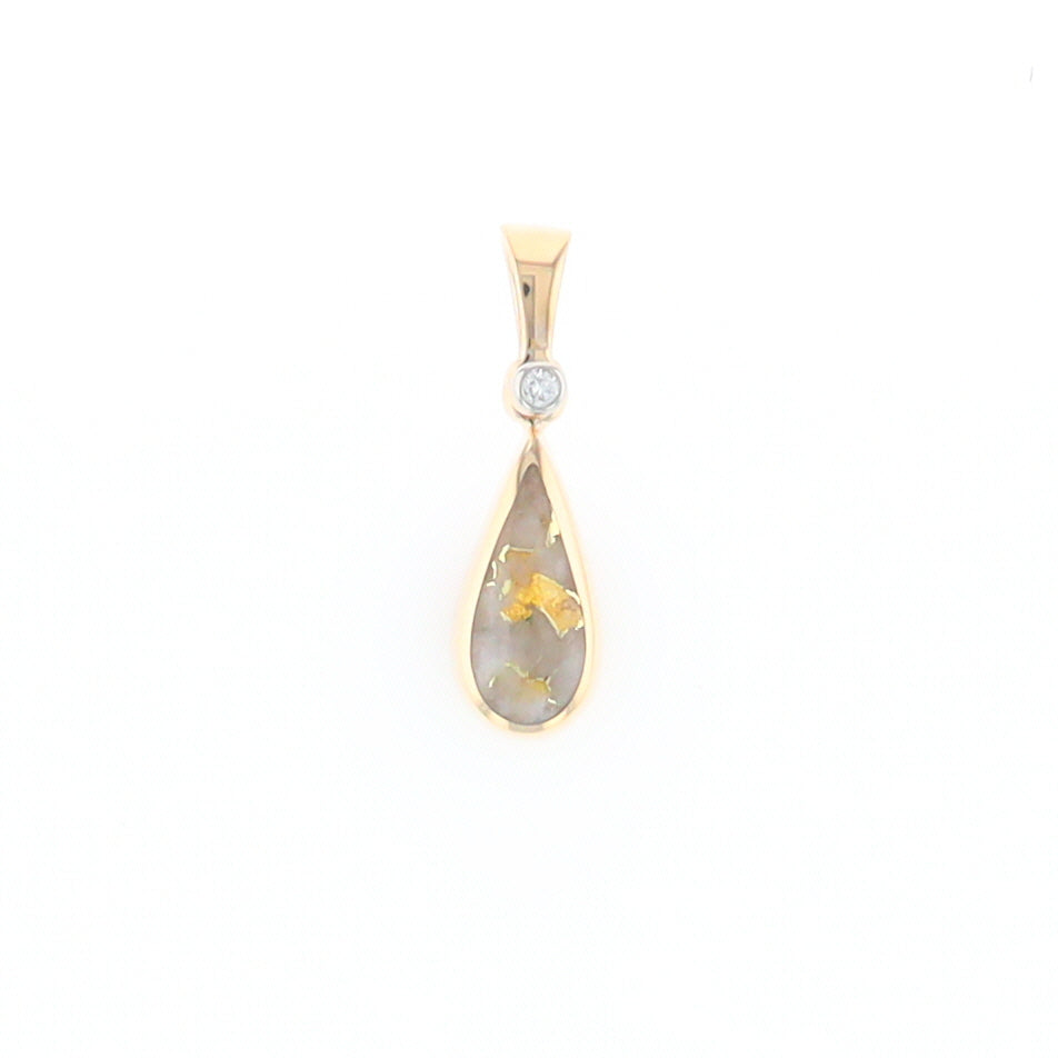 Gold Quartz Pendant Tear Drop Inlaid Design with .02ct Diamond