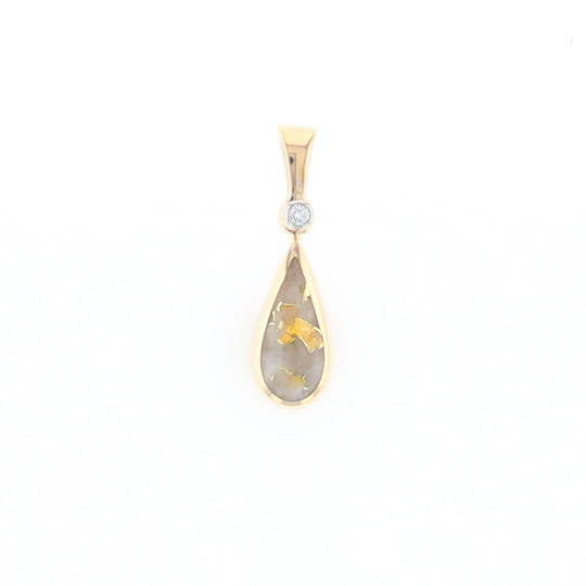 Gold Quartz Pendant Tear Drop Inlaid Design with .02ct Diamond