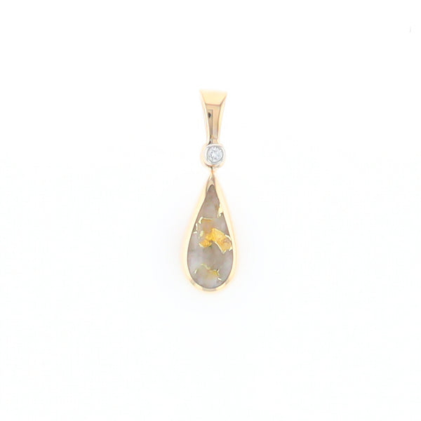 Gold Quartz Pendant Tear Drop Inlaid Design with .02ct Diamond