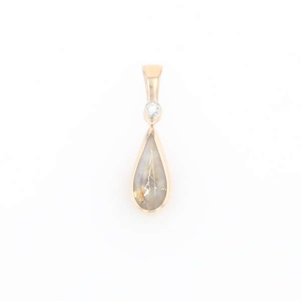Gold Quartz Pendant Tear Drop Inlaid Design with .02ct Diamond