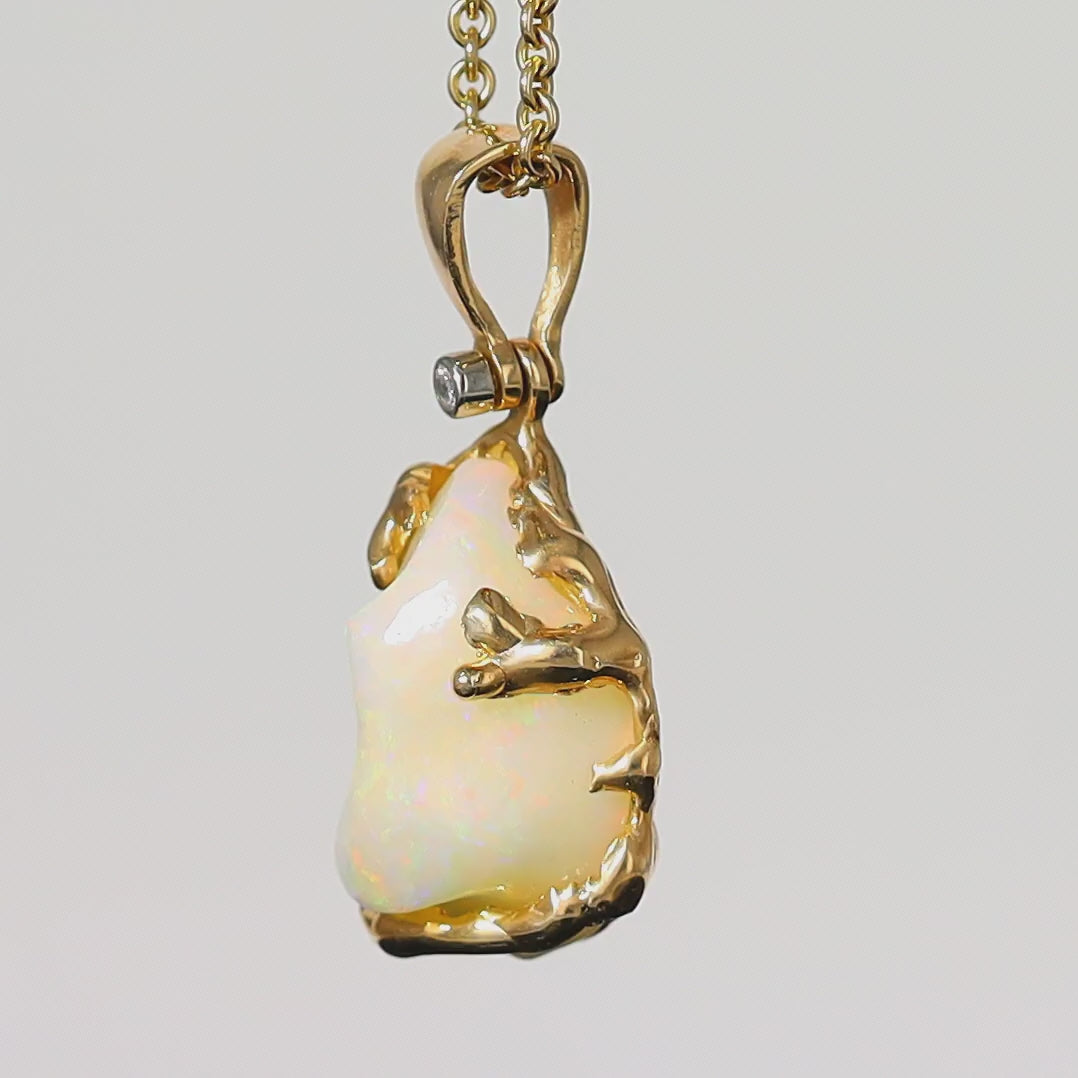 Hand Carved Natural African Opal Free Form One of a Kind Pendant. 14K Yellow Gold