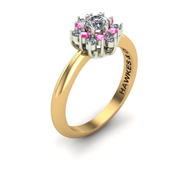 DIAMOND CENTER, SURROUND BY PINK SAPPHIRES AND DIAMONDS, BOUQUET RING
