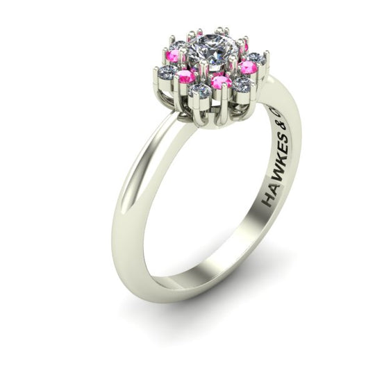 DIAMOND CENTER, SURROUND BY PINK SAPPHIRES AND DIAMONDS, BOUQUET RING