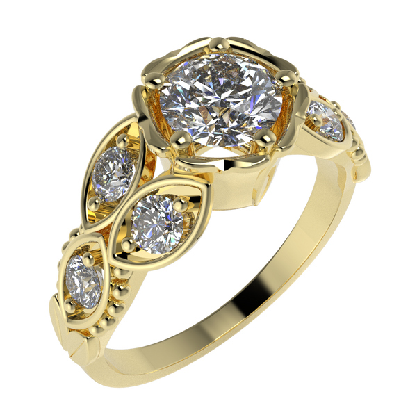 Rose flower design round diamonds engagement ring 14k yellow gold