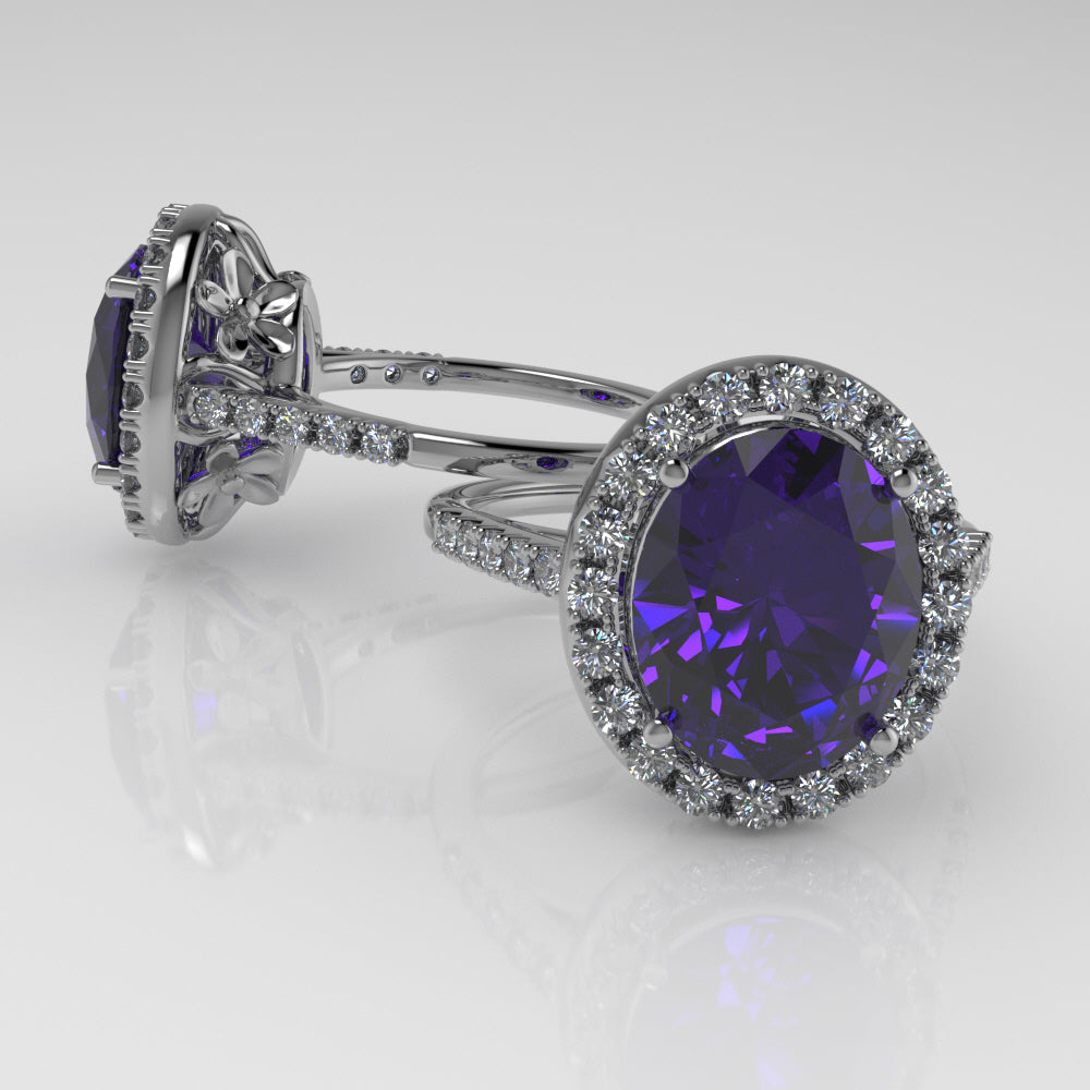 4.24ct Tanzanite And Flowers, Fancy Checkerboard Faceted Tanzanite, Diamond Halo Ring