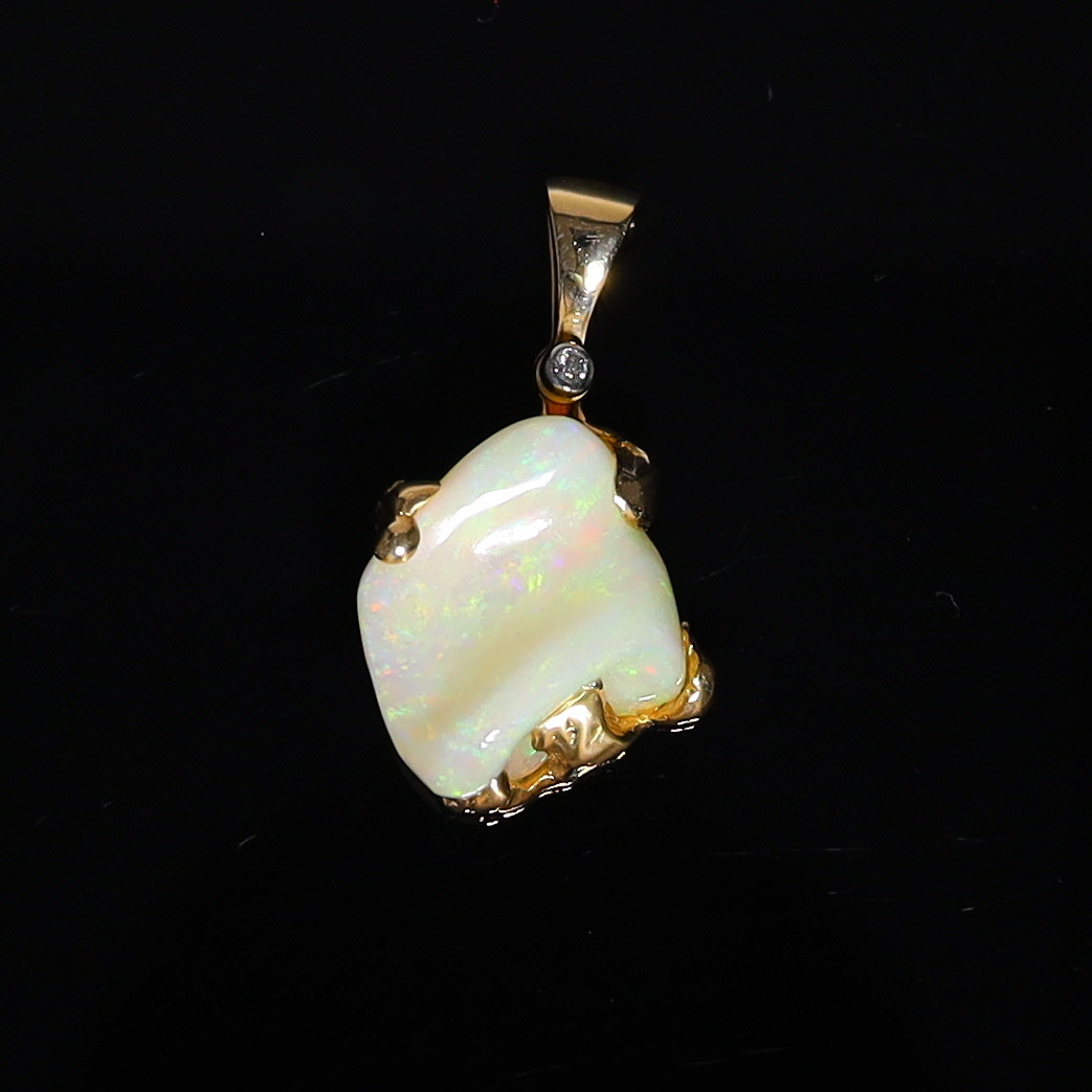 Hand Carved Natural African Opal Free Form One of a Kind Pendant. 14K Yellow Gold. k
