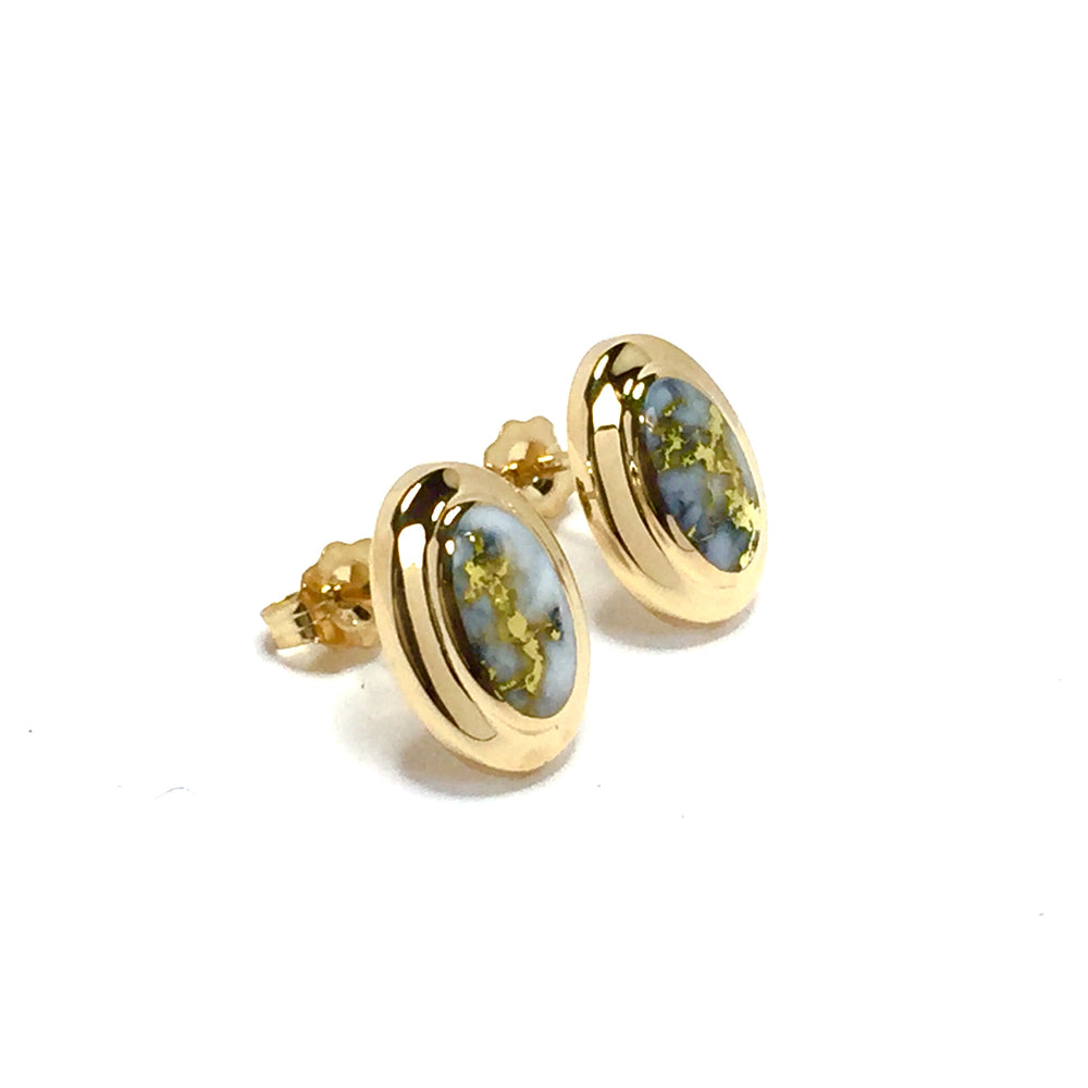 Gold Quartz Earrings Oval Inlaid Design Lever Backs 14k Yellow Gold