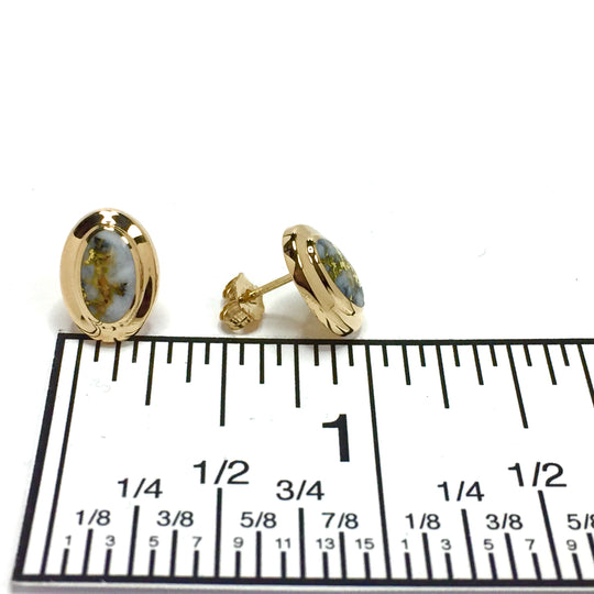 Gold Quartz Earrings Oval Inlaid Design Lever Backs 14k Yellow Gold