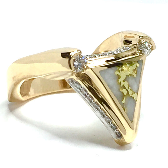 Gold quartz ring triangle inlaid design .31ctw round diamonds 14k yellow gold