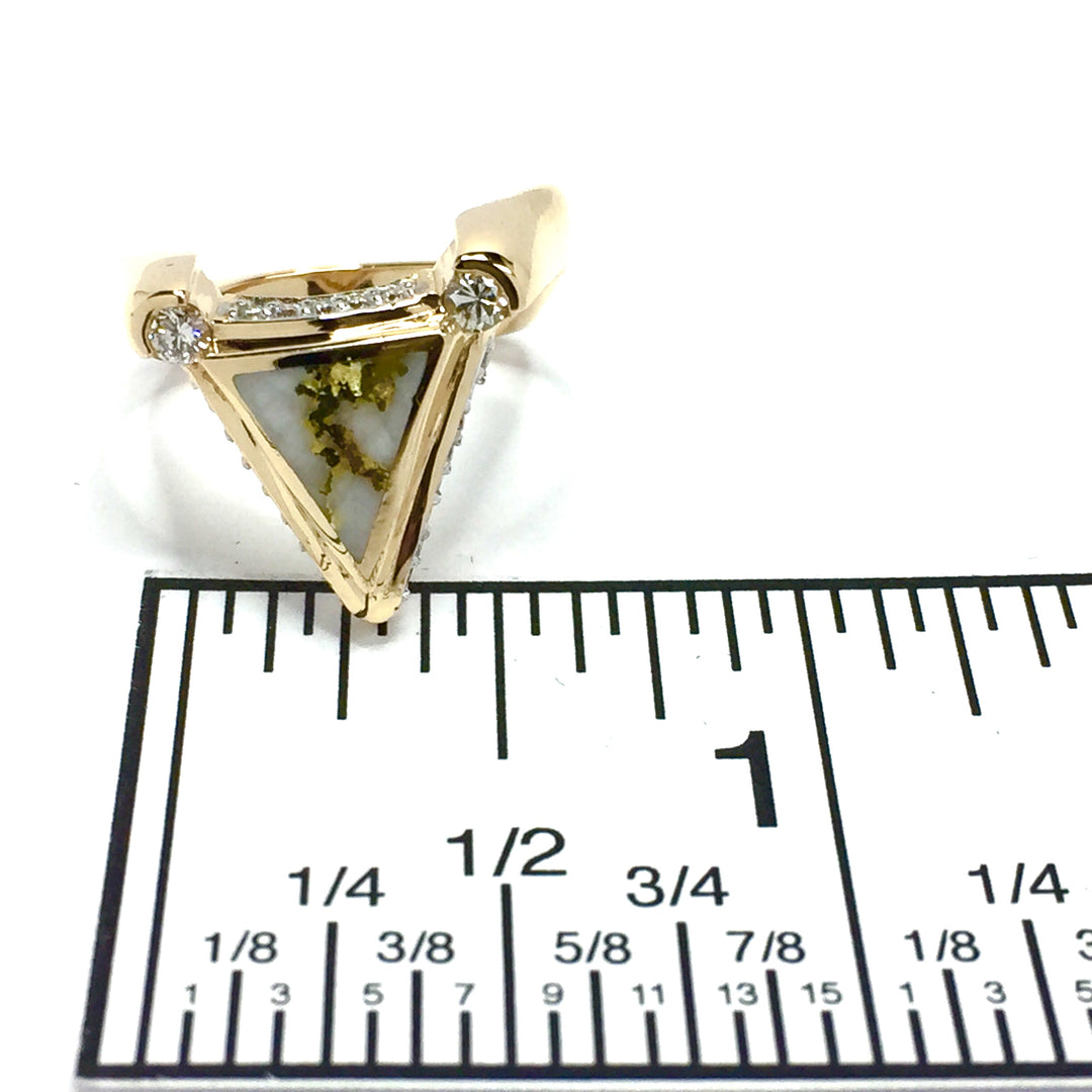 Gold quartz ring triangle inlaid design .31ctw round diamonds 14k yellow gold