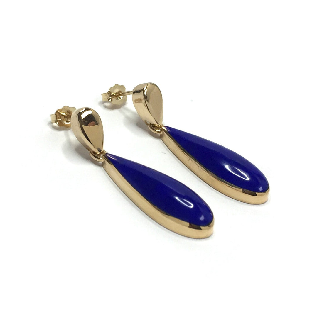 14K Yellow Gold Lapis Earrings Dangle Tear Drop Inlaid-James Hawkes Designs-Hawkes and Co
