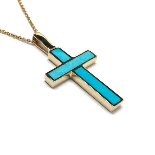 Sleeping Beauty Turquoise Cross Necklace Pendant, 14K Yellow Gold-James Hawkes Designs-Hawkes and Co