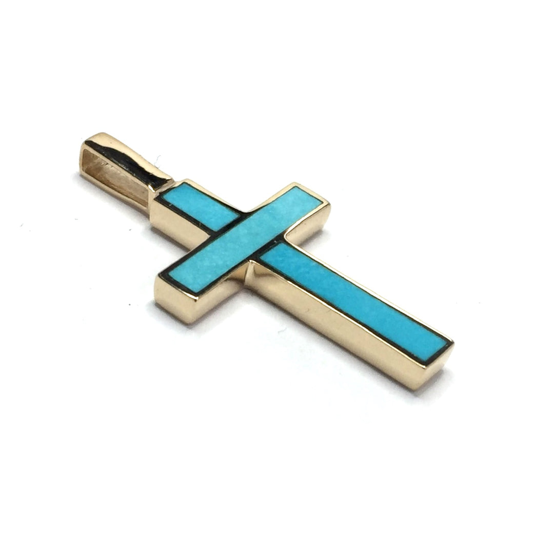 Sleeping Beauty Turquoise Cross Necklace Pendant, 14K Yellow Gold-James Hawkes Designs-Hawkes and Co