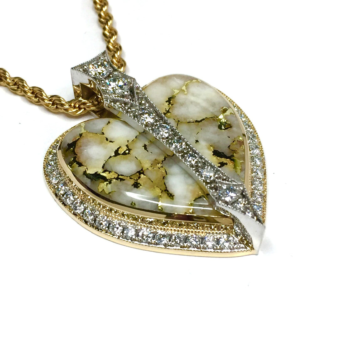 Gold Quartz Necklace Heart Shape Inlaid Pendant Made of 14k Gold Accented by 2.10ctw Round Diamonds