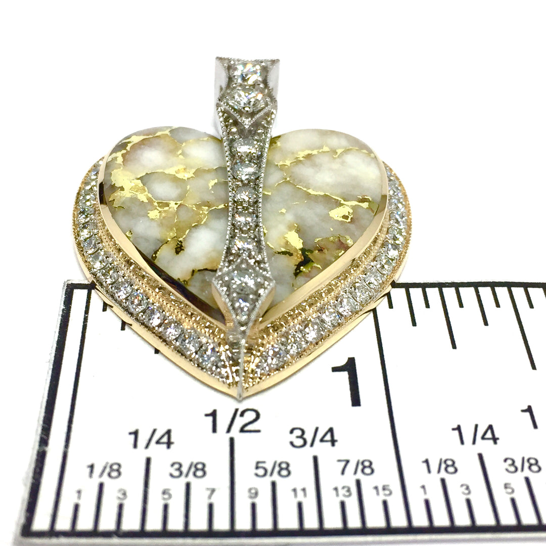 Gold Quartz Necklace Heart Shape Inlaid Pendant Made of 14k Gold Accented by 2.10ctw Round Diamonds