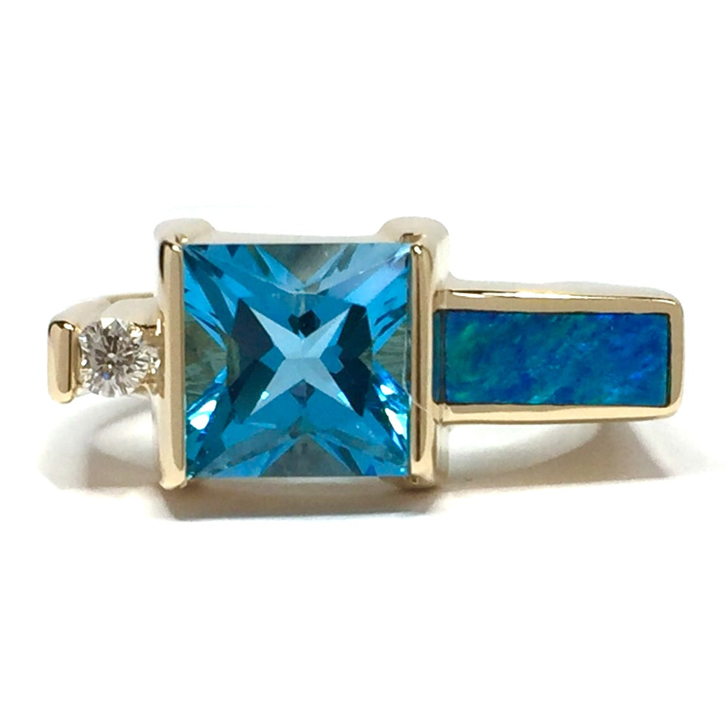 Natural Opal Ring Swiss Blue Topaz .06ct Diamond Fine Quality 14K Yellow Gold-James Hawkes Designs-Hawkes and Co