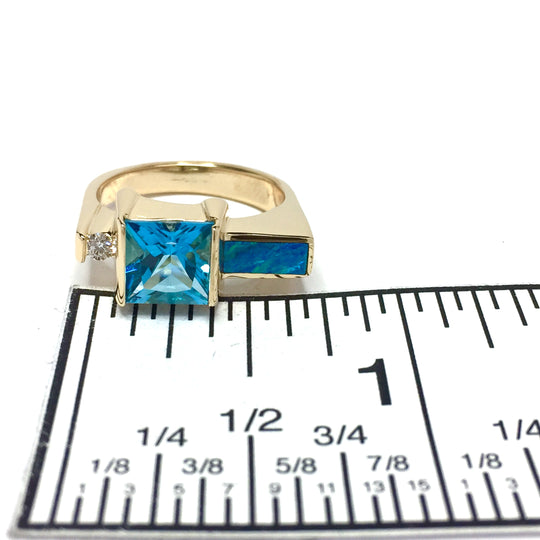 Natural Opal Ring Swiss Blue Topaz .06ct Diamond Fine Quality 14K Yellow Gold-James Hawkes Designs-Hawkes and Co