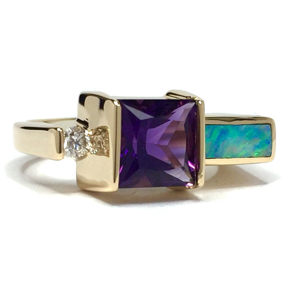 Natural Opal Ring Square Amethyst .06ct Diamond Superior Quality 14K Yellow Gold-James Hawkes Designs-Hawkes and Co